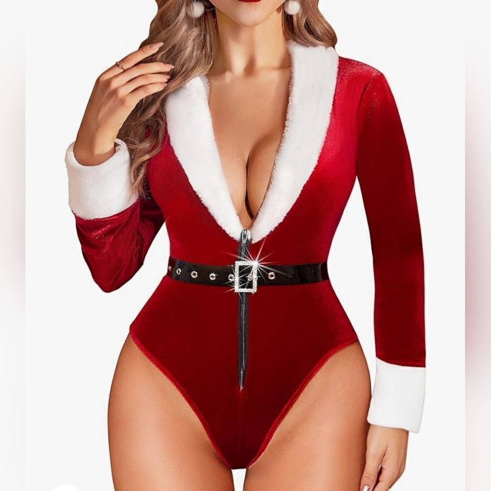 Long Sleeve Santa Lingerie Bodysuit with Rhinestone Belt Women's Size Large